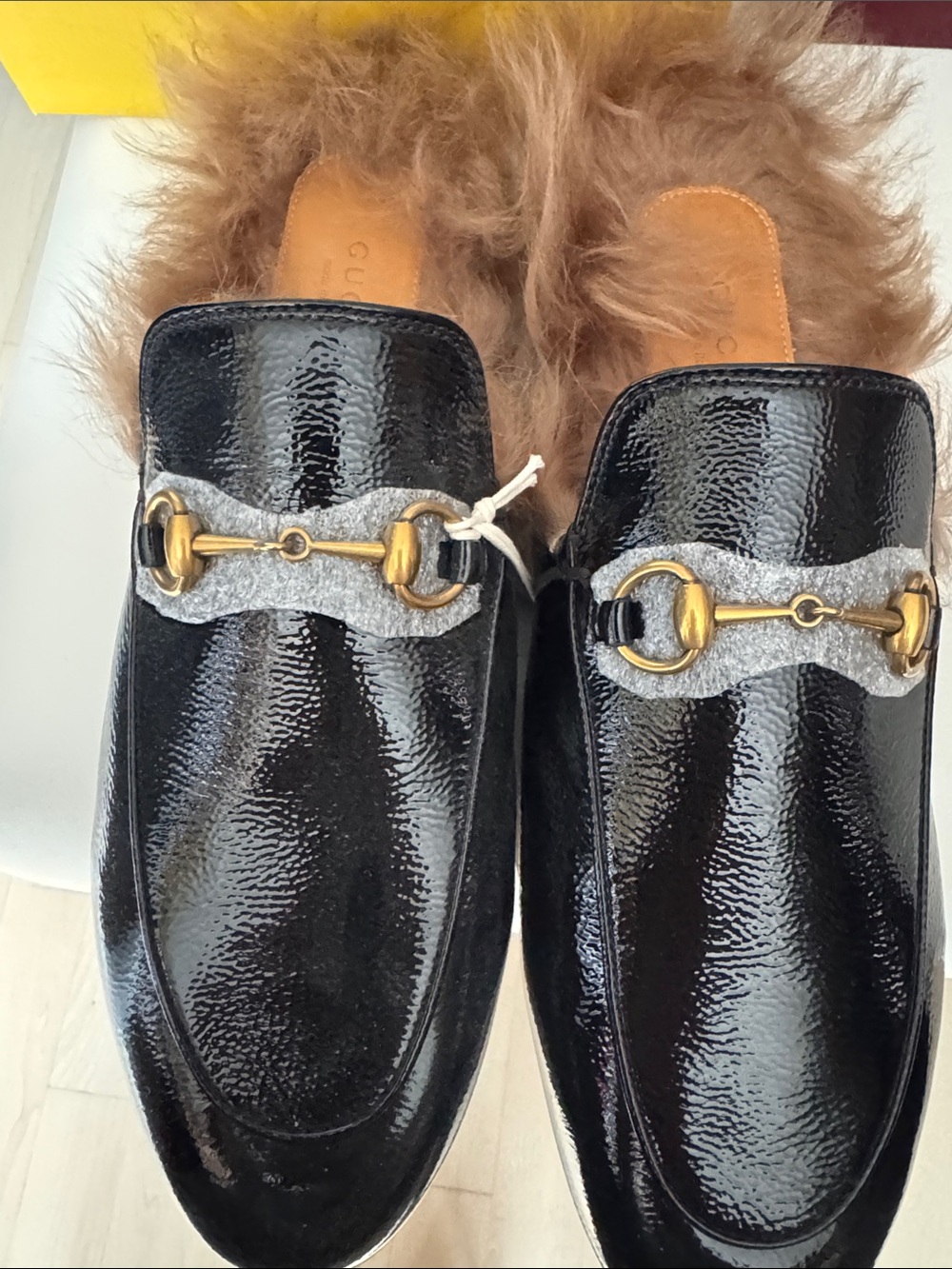 Gucci Black Patent Leather Fur-Lined Horsebit Mules - Picture 2 of 5